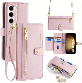 Betterfon Handykette Samsung Hülle mit Band Handyhülle Kartenfächer PU Leder Umhängetasche Galaxy S23 Rosa