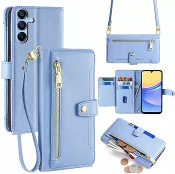 Betterfon Handykette Samsung Hülle mit Band Handyhülle Kartenfächer PU Leder Umhängetasche Galaxy A15 Hellblau