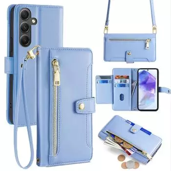 Betterfon Handykette Samsung Hülle mit Band Handyhülle Kartenfächer PU Leder Umhängetasche Galaxy A55 Hellblau
