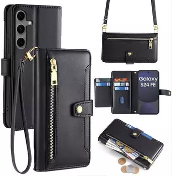 Betterfon Handykette für Samsung Galaxy S24 FE Hülle mit Band Handyhülle Kartenfächer PU Leder Umhängetasche in Schwarz