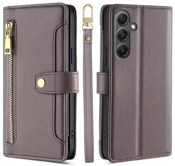 Betterfon Handykette Samsung Hülle mit Band Handyhülle Kartenfächer PU Leder Umhängetasche Galaxy A35 Grau