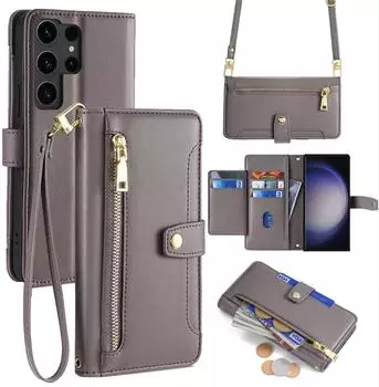 Betterfon Handykette Samsung Hülle mit Band Handyhülle Kartenfächer PU Leder Umhängetasche Galaxy S23 Ultra Grau