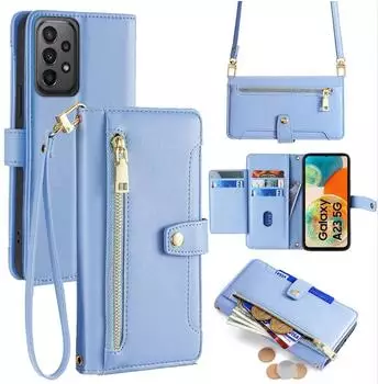Betterfon Handykette Samsung Hülle mit Band Handyhülle Kartenfächer PU Leder Umhängetasche Galaxy A23 Hellblau
