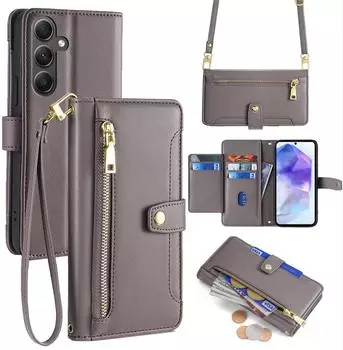 Betterfon Handykette Samsung Hülle mit Band Handyhülle Kartenfächer PU Leder Umhängetasche Galaxy A55 Grau
