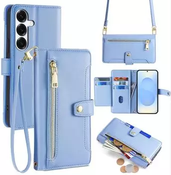 Betterfon Handykette Samsung Hülle mit Band Handyhülle Kartenfächer PU Leder Umhängetasche Galaxy S25+ in Hellblau