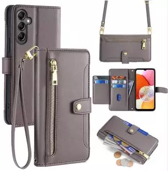 Betterfon Handykette Samsung Hülle mit Band Handyhülle Kartenfächer PU Leder Umhängetasche Galaxy A14 Grau
