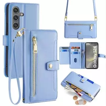 Betterfon Handykette Samsung Hülle mit Band Handyhülle Kartenfächer PU Leder Umhängetasche Galaxy S24 Hellblau