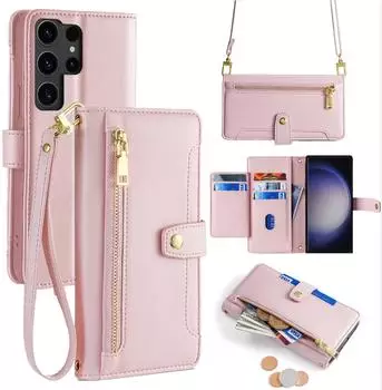 Betterfon Handykette Samsung Hülle mit Band Handyhülle Kartenfächer PU Leder Umhängetasche Galaxy S23 Ultra Rosa