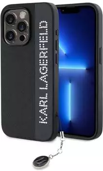 Karl Lagerfeld Saffiano Rhinestones & Charm Hülle iPhone 15 Pro Max - Schwarz