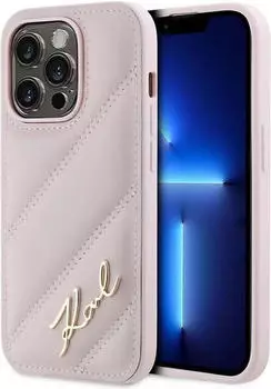 Karl Lagerfeld Diagonal Quilted Script Hülle iPhone 14 Pro - Rosa