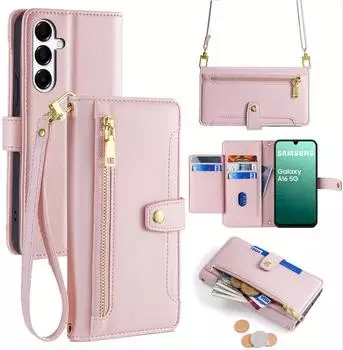 Betterfon Handykette für Samsung Galaxy A16 Hülle mit Band Handyhülle Kartenfächer PU Leder Umhängetasche in Rosa