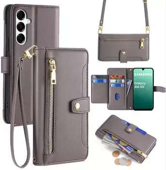Betterfon Handykette für Samsung Galaxy A16 Hülle mit Band Handyhülle Kartenfächer PU Leder Umhängetasche in Grau