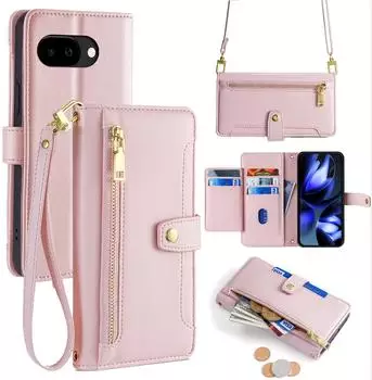 Betterfon Handykette für Google Pixel 9A mit Band Handyhülle Kartenfächer PU Leder Umhängetasche in Rosa