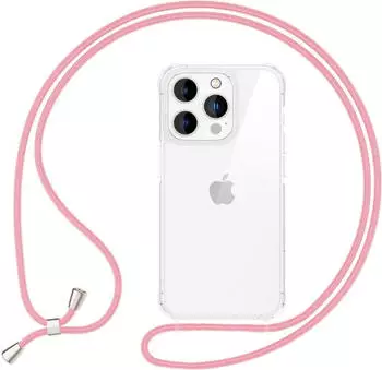 NALIA Handykette Apple iPhone 16 Pro Max, Klare Hülle mit Band zum Umhängen / Crossbody Transparent Case & Kette, Pastell Rosa