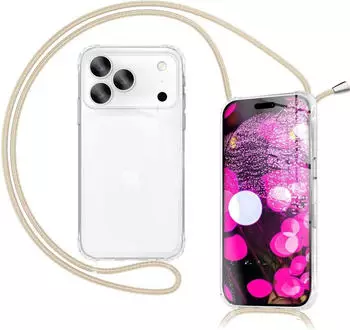 NALIA Smartphone-Hülle Apple iPhone 17 Pro Max, Klare Hülle mit Band zum Umhängen / 160cm Handy Kette Verstellbar, Sandstein Beige
