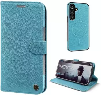 Tec-Expert Echtleder Handyh&uuml;lle f&uuml;r Samsung Galaxy S25 RFID Schutz Cover Leder H&uuml;lle Magnetring 2-in-1 Bumper abnehmbar T&uuml;rkis