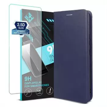 Tec-Expert Handyh&uuml;lle f&uuml;r Samsung Galaxy S25 FE mit 9H Displayglas Echtleder Flip Cover H&uuml;lle Case Kartenfach RFID Schutz Blau