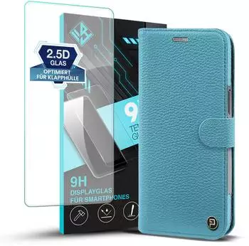 Tec-Expert Echtleder Handyh&uuml;lle f&uuml;r Samsung Galaxy S25 Ultra mit 9H Displayglas RFID Schutz Cover Leder H&uuml;lle Magnetring 2-in-1 Bumper abnehmbar T&uuml;rkis