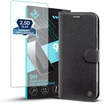 Tec-Expert Echtleder Handyh&uuml;lle f&uuml;r Samsung Galaxy S25 Ultra mit 9H Displayglas RFID Schutz Cover Leder H&uuml;lle Magnetring 2-in-1 Bumper abnehmbar Schwarz