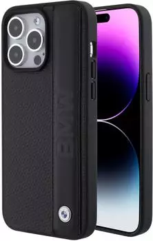 BMW iPhone 15 Pro Max Hülle Strukturiertem Leder Streifen Schwarz