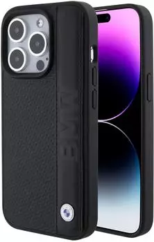 BMW Lederhülle Textur Streifen iPhone 15 Pro Schwarz