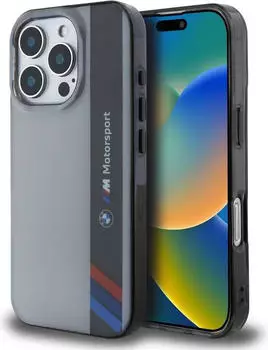 BMW Motorsport IML Vertical Stripe Handyhülle kompatibel mit iPhone 16 Pro Grau