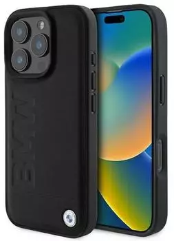 BMW Apple iPhone 16 Pro Hardcase Schutzcase Leather Hot Stamp Schwarz