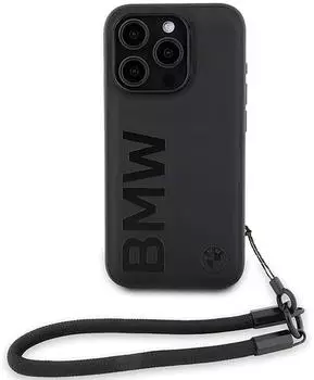 BMW Signature Leder Wordmark Cord Hülle iPhone 15 Pro Schwarz