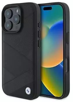 BMW Sign Leather Crossing Lines Pattern Hülle iPhone 16 Pro Max Schwarz