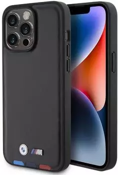 BMW BMHCP15S22PTDK iPhone 15 6,1″ schwarz/schwarzer Lederstempel Tricolor