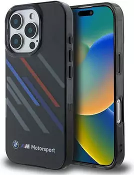 BMW Motorsport IML Random Stripes Handyhülle kompatibel mit iPhone 16 Pro Schwarz