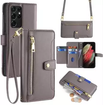 Betterfon Handykette f&uuml;r Samsung Galaxy S21 Ultra - Handyh&uuml;lle mit Band PU-Leder Grau