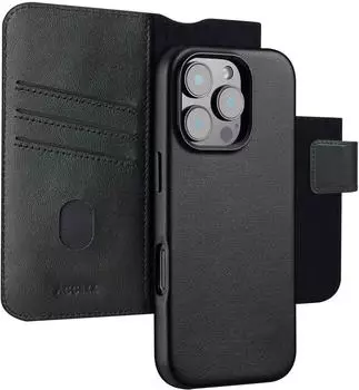 Accezz iPhone 16 Pro Max Hülle Echtleder Klapphülle/2 in 1 Case Schwarz