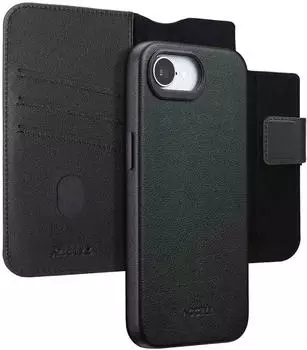 Accezz iPhone 16e Hülle Echtleder Klapphülle/2 in 1 Case Schwarz