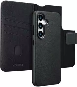 Accezz Samsung Galaxy S25 Hülle Echtleder Klapphülle/2 in 1 Case Schwarz