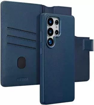 Accezz Samsung Galaxy S25 Ultra Hülle Echtleder Klapphülle/2 in 1 Case Dunkelblau