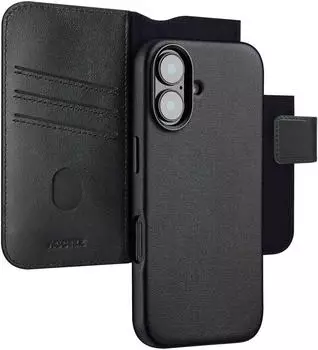 Accezz iPhone 16 Hülle Echtleder Klapphülle/2 in 1 Case Schwarz