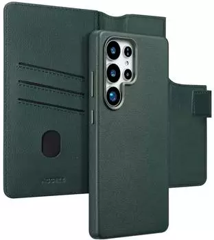 Accezz Samsung Galaxy S25 Ultra Hülle Echtleder Klapphülle/2 in 1 Case Dunkelgrün