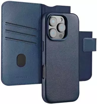 Accezz iPhone 16 Pro Hülle Echtleder Klapphülle/2 in 1 Case Dunkelblau