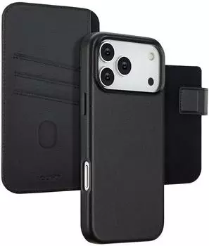 Accezz iPhone 17 Pro Max Hülle Echtleder Klapphülle/2 in 1 Case Schwarz