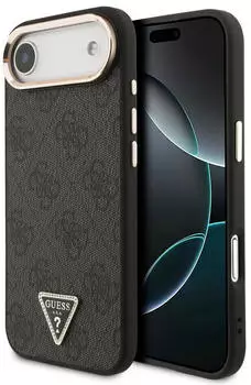 Guess Smartphone H&uuml;lle Apple iPhone 17 4G PU Leather Gold Metal Frame MagSafe Schwarz Gold