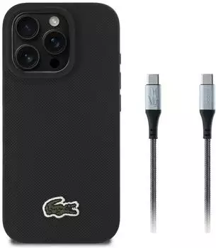 Lacoste Set 2in1 Hülle Kabel USB C Iconic Petit Pique Woven MagSafe Apple iPhone 16 Pro Max Schwarz