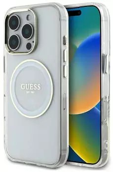 Guess H&uuml;lle iPhone 16 Pro Max IML Metal Colored Circle Classic Logo MagSafe Weiss