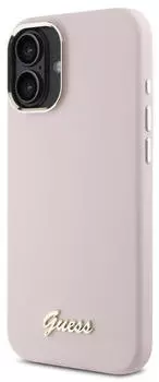 Guess Hülle iPhone 16 Plus Silicone Script Metal Logo Frame Handykette Pink