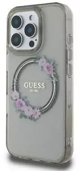 Guess Smartphone Hülle Apple iPhone 16 Pro Max IML Flowers Wreath MagSafe Schwarz