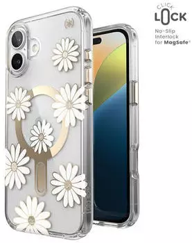 Speck Presidio Lux ClickLock & MagSafe iPhone 16 Plus Case Sunshine Daisies / Clear / Gold