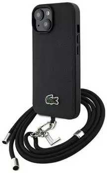 Lacoste Hülle Iconic Petit Pique Crossbody Cord MagSafe Apple iPhone 15 Schwarz