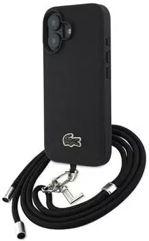 Lacoste Hülle Iconic Petit Pique Crossbody Cord MagSafe Apple iPhone 16 Plus Schwarz