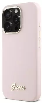 Guess Hülle iPhone 16 Pro Silicone Script Metal Logo Frame Pink
