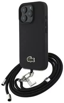 Lacoste Hülle Iconic Petit Pique Crossbody Cord MagSafe Apple iPhone 16 Pro Max Schwarz